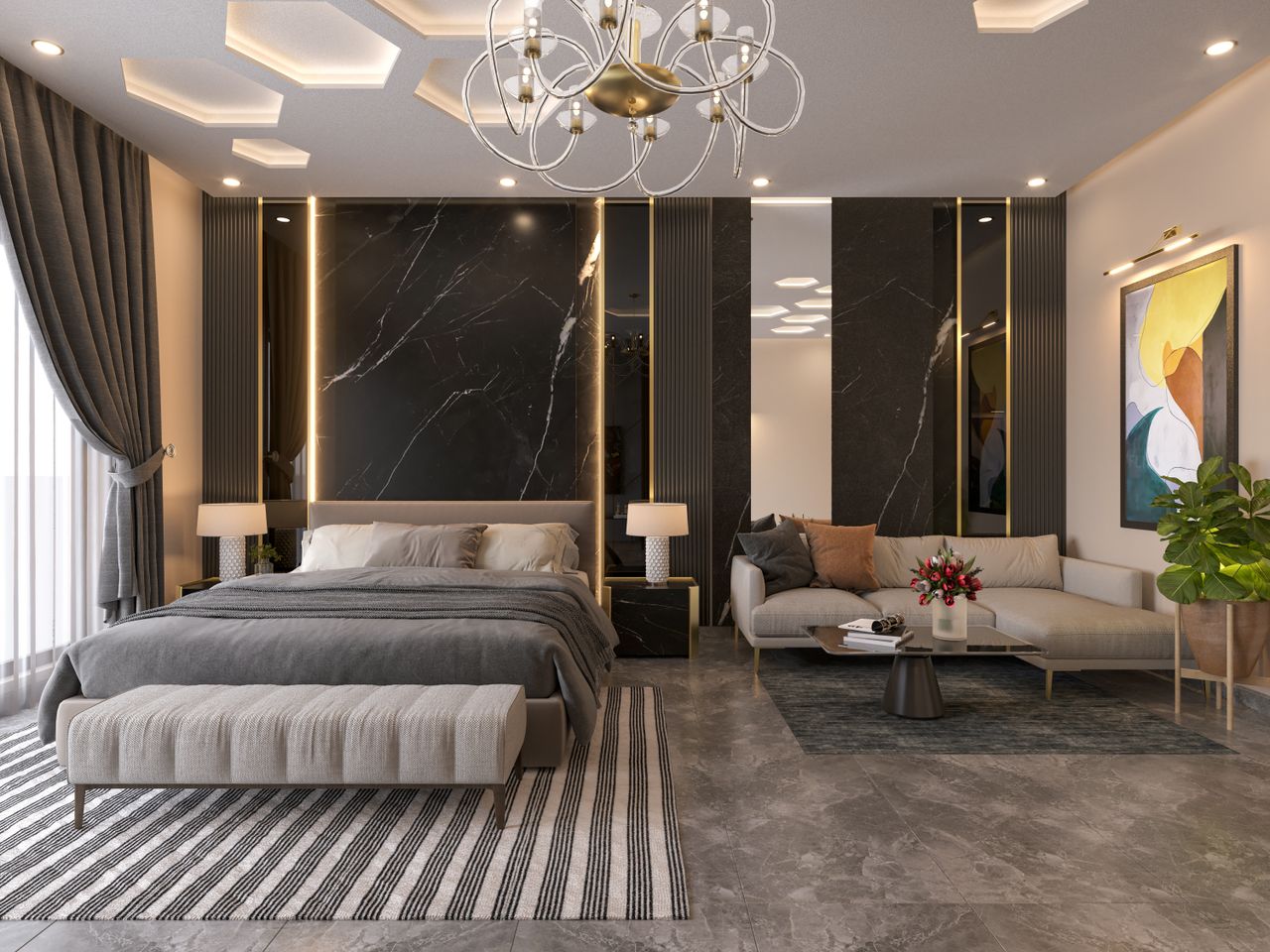 Luxury suite with black marble wall, lounge seating, and layered evening light